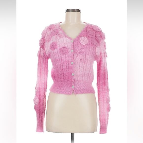 Lait Sweaters - Lait Liza pink cropped cardigan with hand knit roses, med